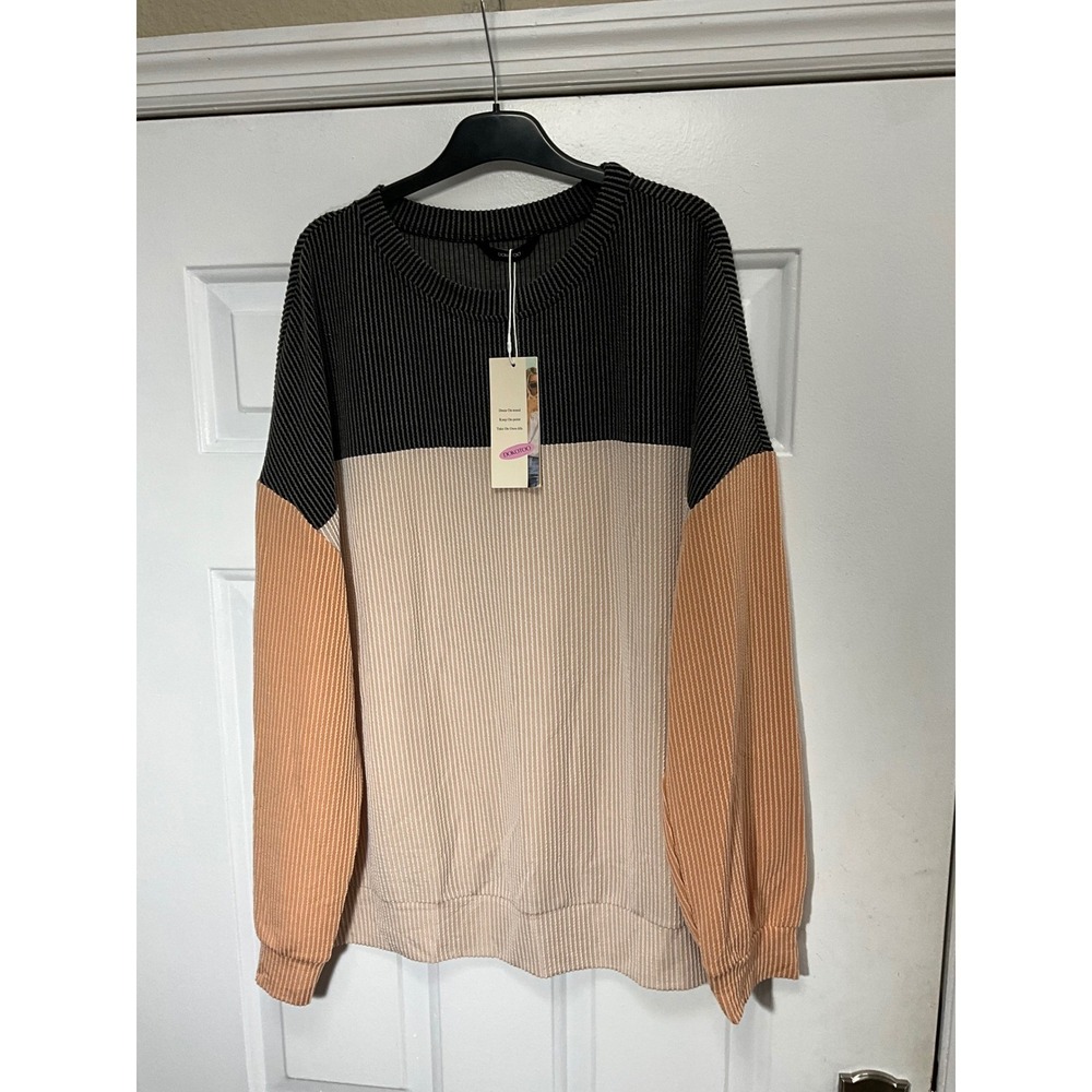 Dokotoo Womens XL Colorblock Ribbed Knit Sweatshirt Crewneck Drop Shoulder Top